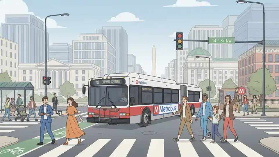 Washington DC Metro bus at downtown intersection with street signs visible
