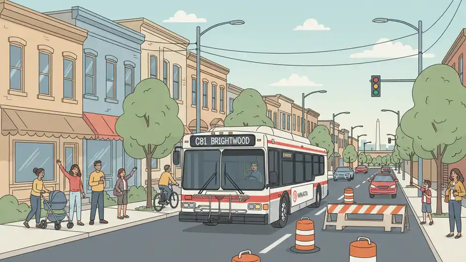 WMATA C81 bus on Kennedy Street NW in Washington DC with construction barriers visible