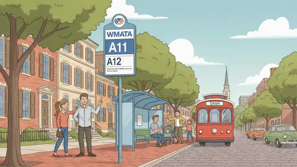 WMATA bus stop sign showing route A11 and A12 service information with Alexandria street scene in background