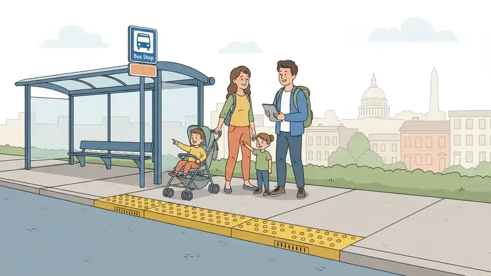 Close-up view of ADA-compliant bus stop boarding pad with tactile warning strips and level surface for wheelchair access