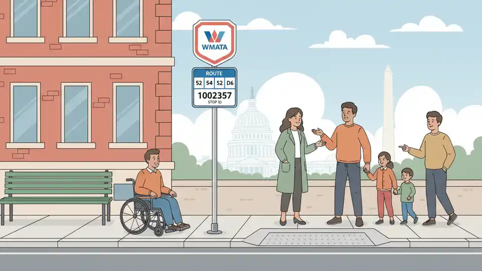 Close-up of WMATA bus stop sign showing route numbers and Stop ID, with accessible boarding pad visible