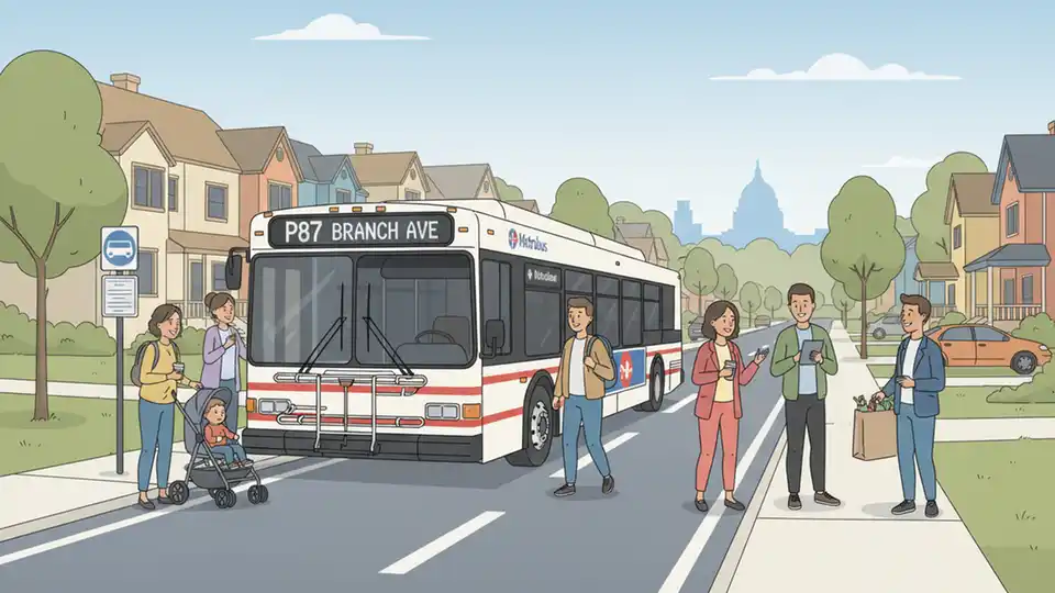 WMATA Route P87 bus at a bus stop on Allentown Road with passengers waiting to board, daytime street view showing residential area in background