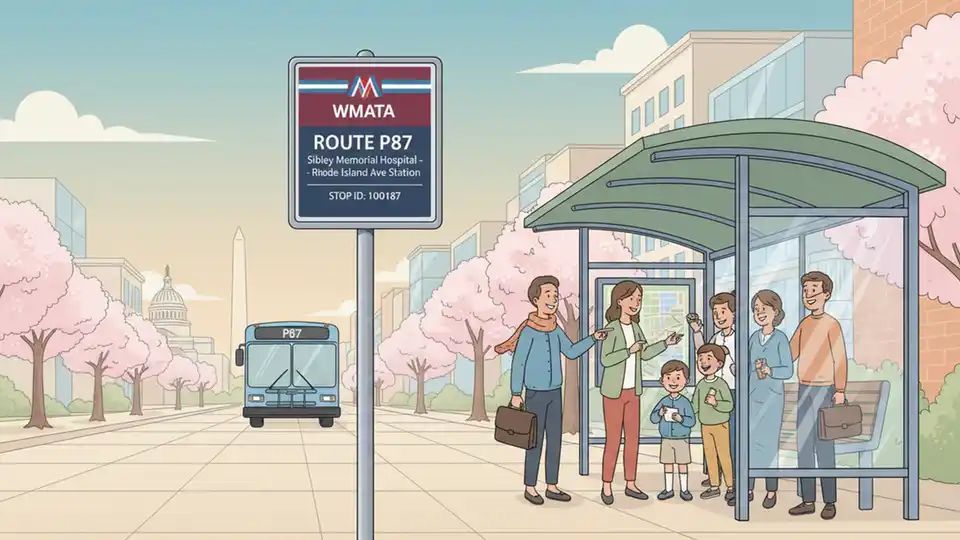 WMATA bus stop sign showing Route P87 information with stop ID number visible, close-up view of transit signage and shelter