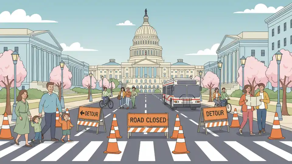 Street closure signs and traffic cones on Constitution Avenue with WMATA bus in distance