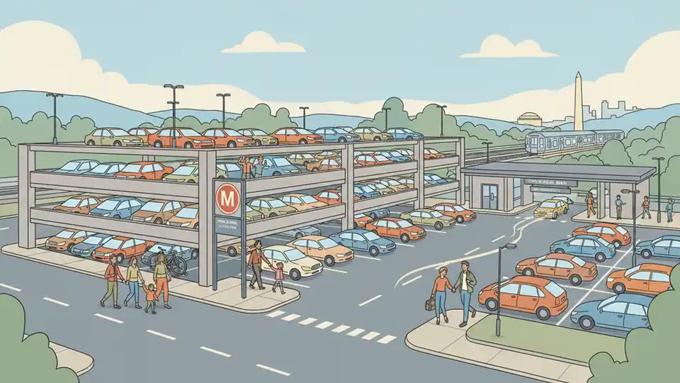 Metro Park & Ride parking lot with lower level reopened and vehicles parked at transit station