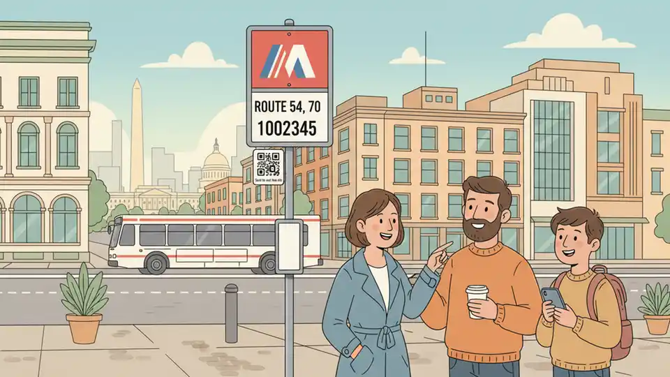 WMATA bus stop sign showing route number and stop ID on downtown Washington street