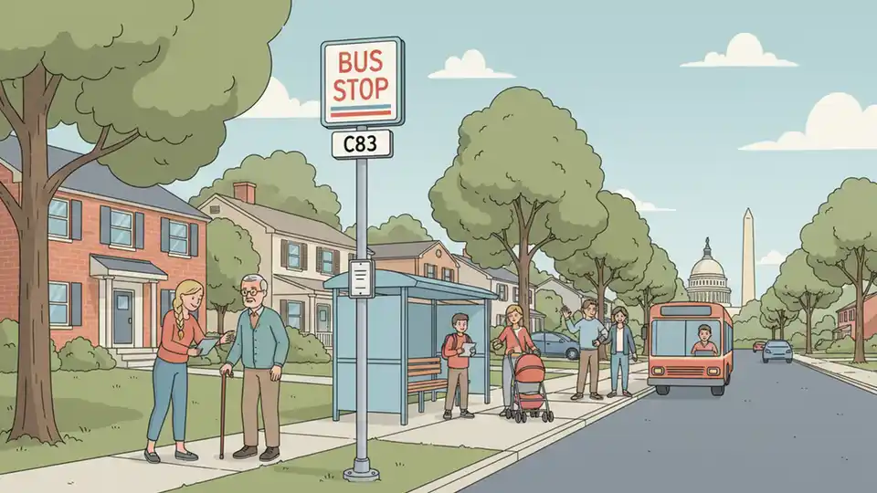 Bus stop sign for WMATA C83 route with residential neighborhood in background