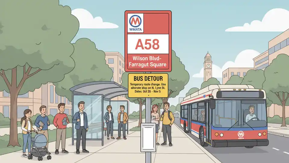 WMATA bus stop sign for route A58 Wilson Blvd-Farragut Square with detour notice posted