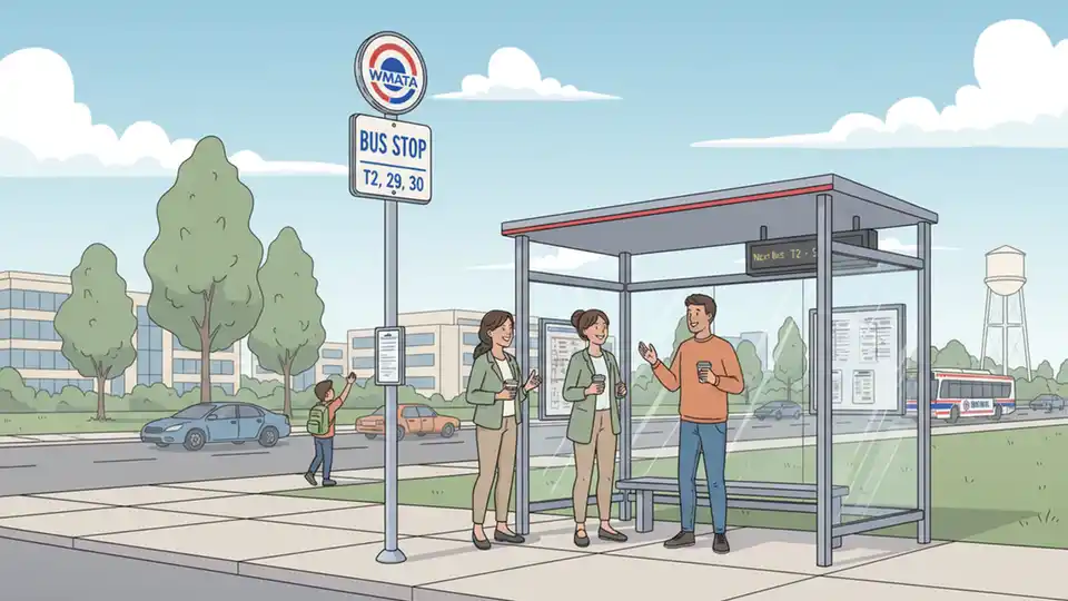 WMATA bus stop sign and shelter on Democracy Boulevard in Montgomery County Maryland
