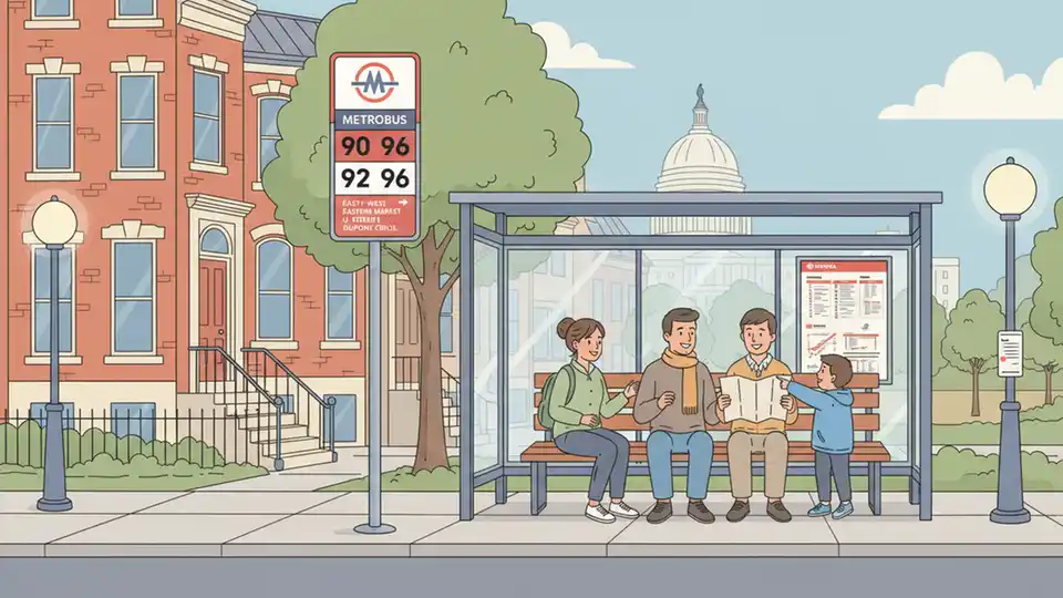 WMATA bus stop sign and shelter on Pennsylvania Avenue SE with route information posted
