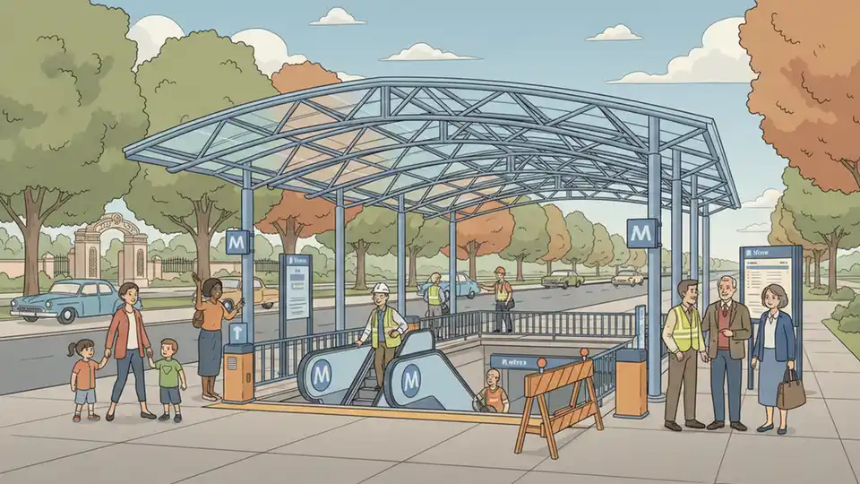 Wide view of Metro Arlington Cemetery station entrance showing canopy installation progress with Memorial Drive visible in background