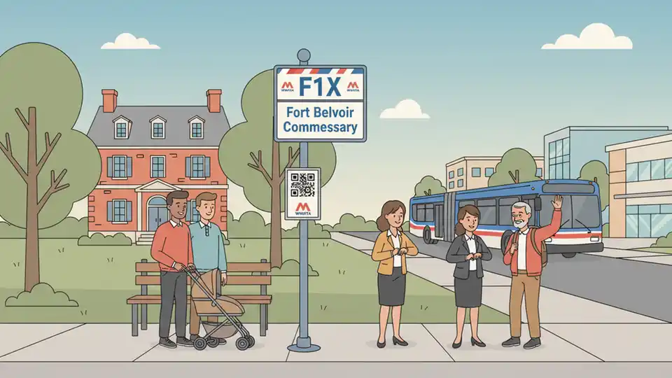 WMATA bus stop sign showing F1X route information with Fort Belvoir Commissary destination