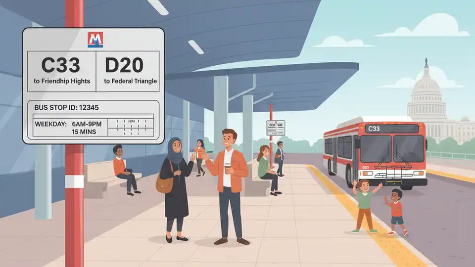 WMATA bus route sign showing C33 and D20 route numbers with directional information at metro station bus bay