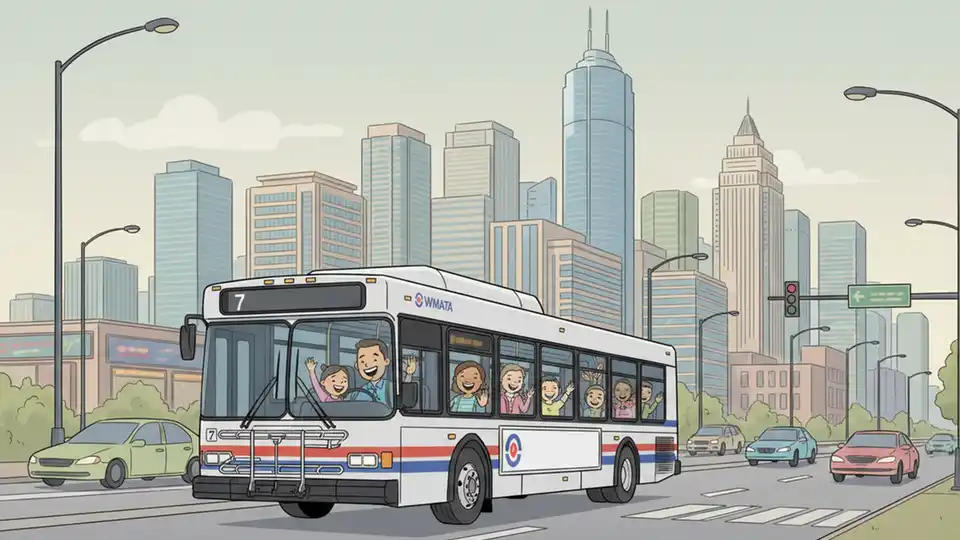 WMATA bus traveling on Leesburg Pike with Tysons area buildings visible in background