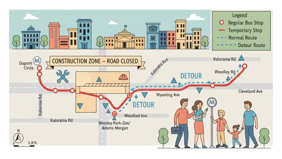 Metro bus route map showing detour path around Connecticut Avenue underpass construction zone with alternate stops marked