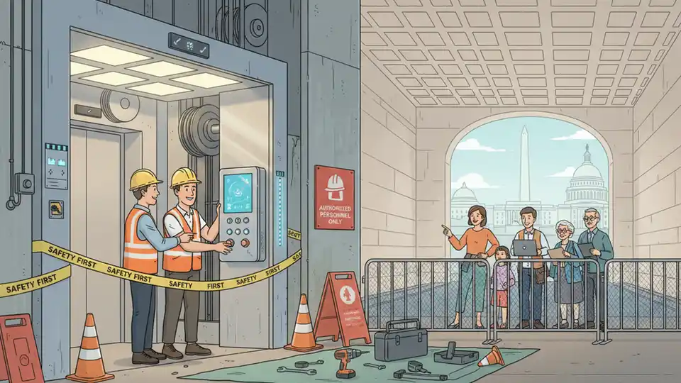 Metro elevator undergoing modernization with new control panel and safety equipment being installed