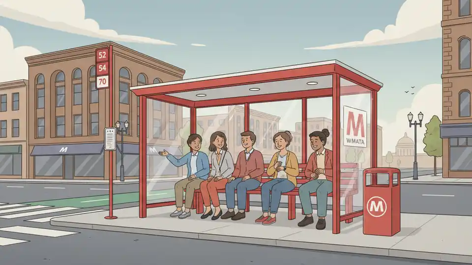 WMATA bus stop sign and shelter on urban street with clear route number display