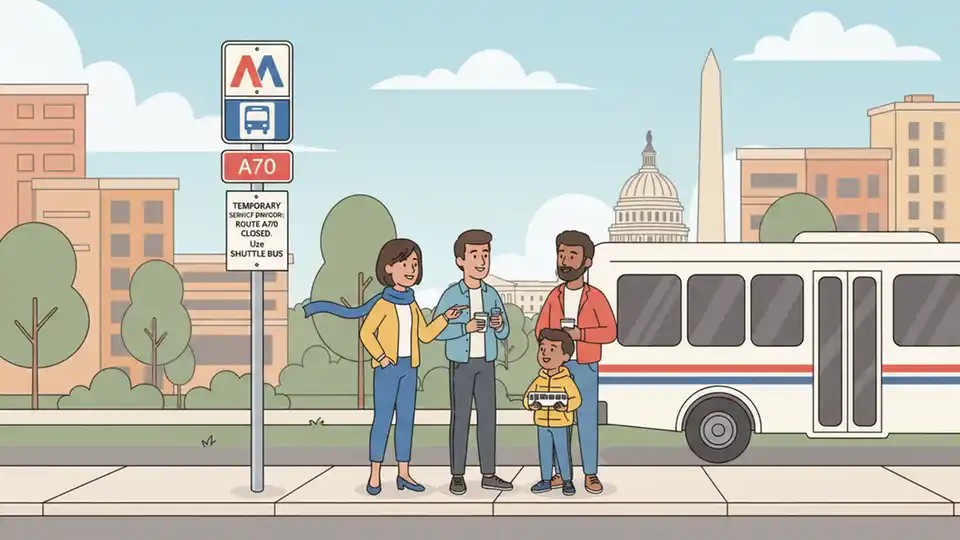 WMATA bus stop sign showing Route A70 with temporary closure notice posted