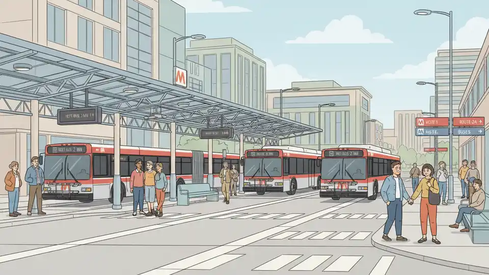 Ballston Metro station bus bay with multiple WMATA buses and covered passenger waiting area