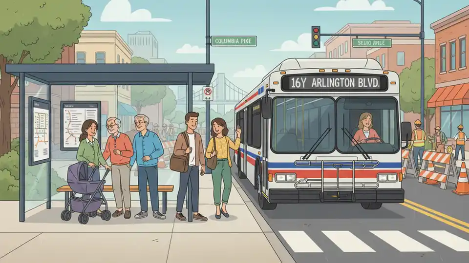 WMATA bus at Arlington stop with construction barriers visible in background