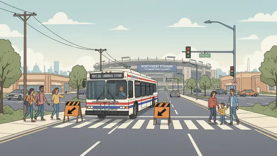 WMATA bus navigating detour route near Northwest Stadium with event signage in background, showing typical suburban Maryland transit corridor