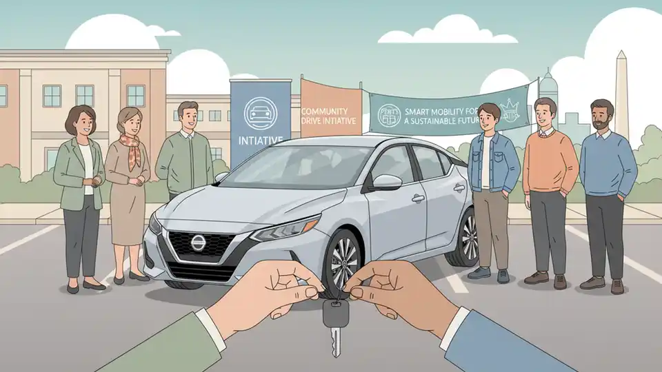 Refurbished 2022 Nissan Sentra sedan with keys being presented during a vehicle donation ceremony, showing collaboration between nonprofit organizations and automotive industry partners