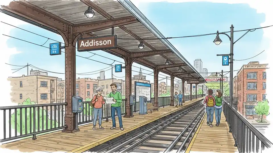 Chicago CTA Brown Line elevated train station platform with Addison station signage and transit infrastructure visible