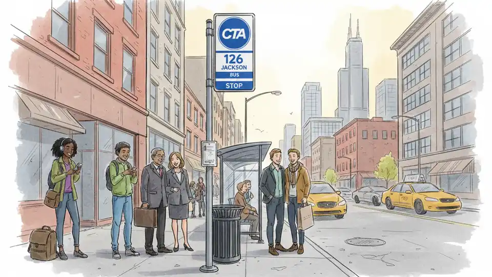 CTA bus stop sign showing route 126 Jackson with passengers waiting at urban Chicago stop