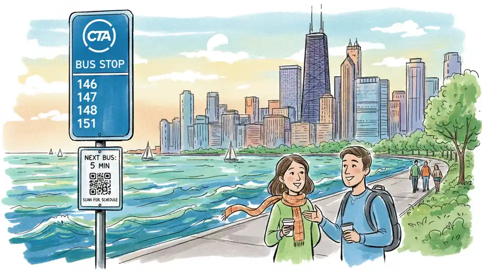 CTA bus stop sign on Inner Lake Shore Drive with route numbers displayed