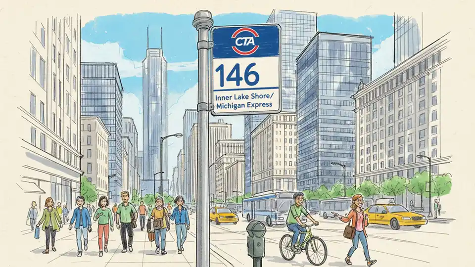 CTA bus stop sign showing route #146 Inner Lake Shore/Michigan Express with downtown Chicago street scene