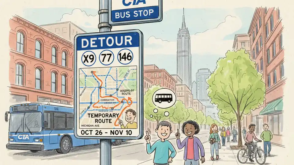 CTA bus route detour sign posted at Chicago bus stop with route map visible