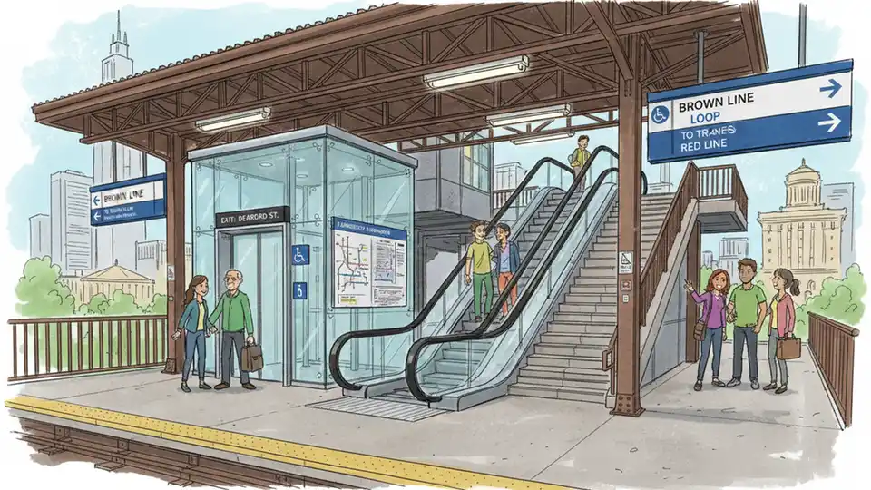 CTA Brown Line station platform showing accessible elevator, escalators, and stairway options with wayfinding signage for passengers