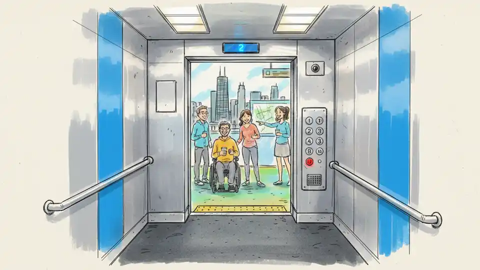 CTA elevator interior at rail station showing accessibility controls and emergency phone