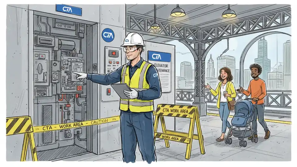 CTA maintenance worker inspecting elevator equipment at Chicago transit station, showing technical repair work and safety protocols