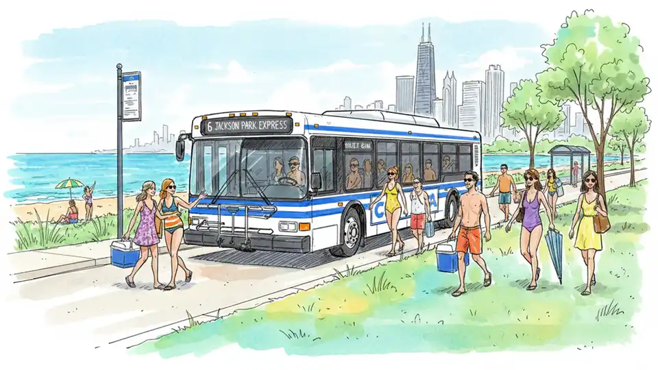CTA beach bus at lakefront stop with Lake Michigan and beachgoers visible, showing summer service to Chicago beaches