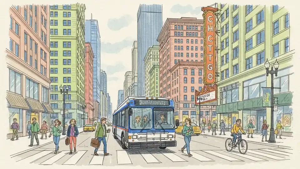 Downtown Chicago State Street with CTA bus and Loop buildings
