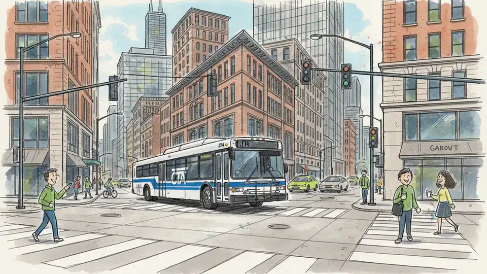 Chicago Transit Authority bus navigating city street intersection with traffic signals and urban buildings