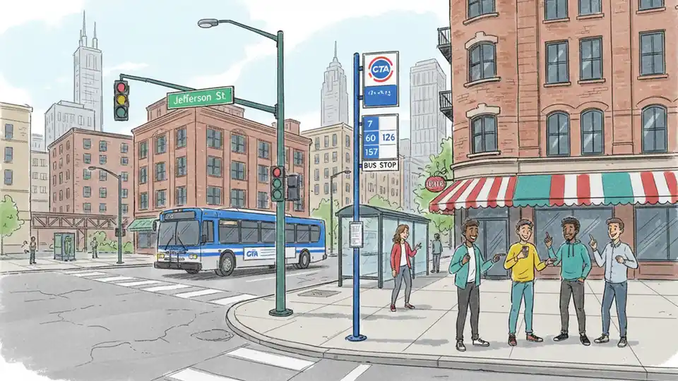 CTA bus stop sign at urban Chicago intersection with street signs visible showing Jefferson and Harrison