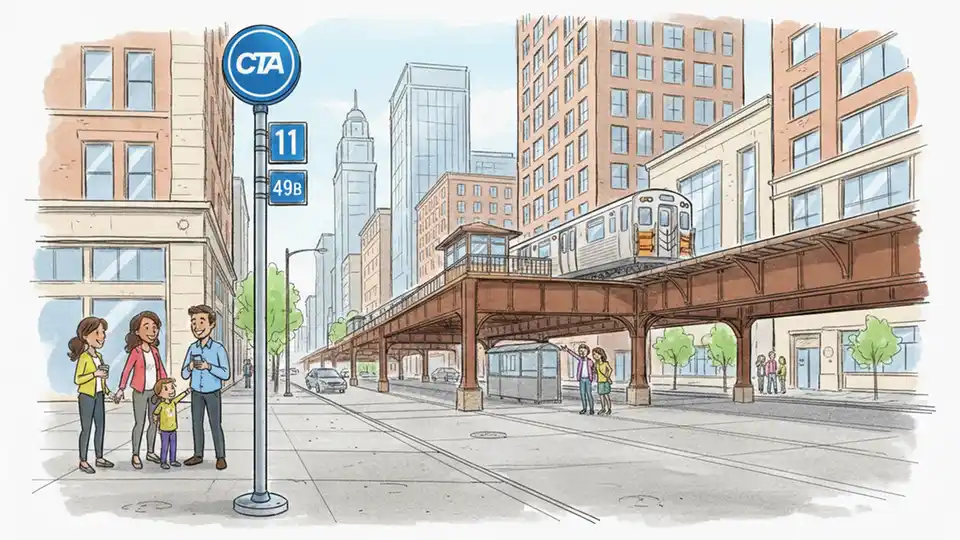 CTA bus stop sign showing route 11 and route 49B with Western Brown Line station in distance