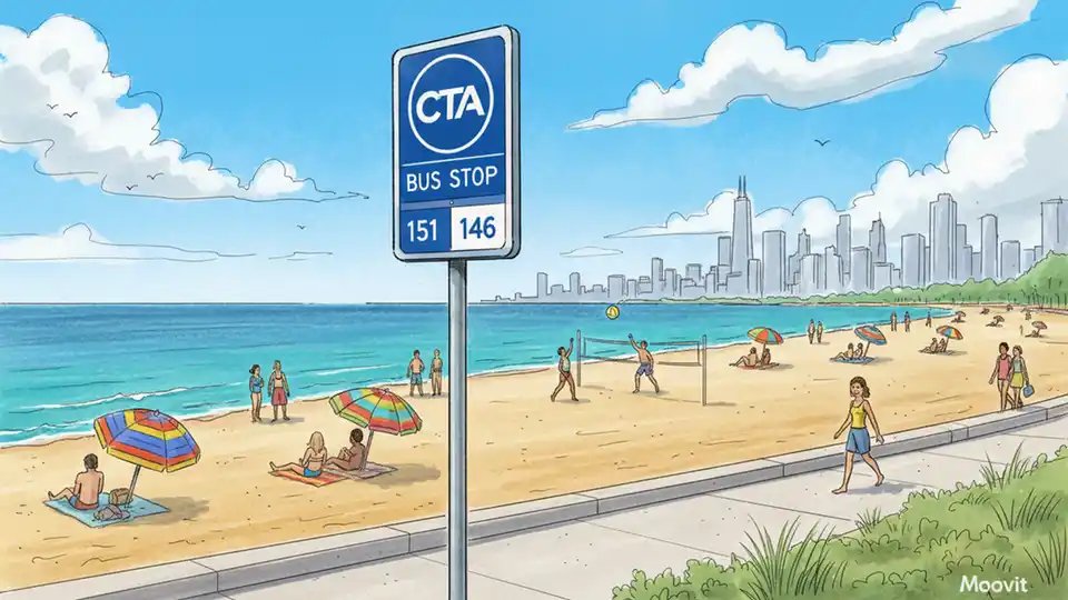 Chicago lakefront beach scene with CTA bus stop sign in foreground, beachgoers and Lake Michigan shoreline visible