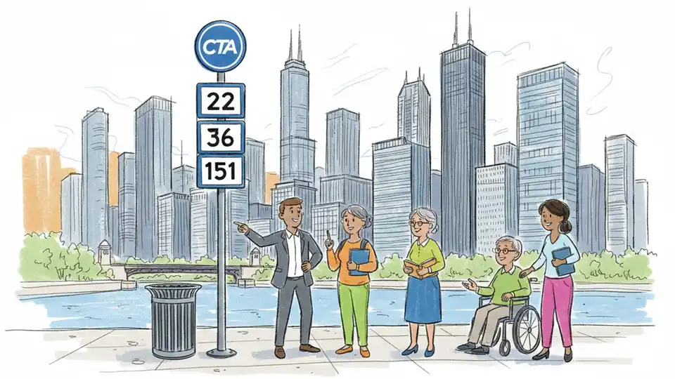 Chicago bus stop sign showing route numbers with downtown buildings in background
