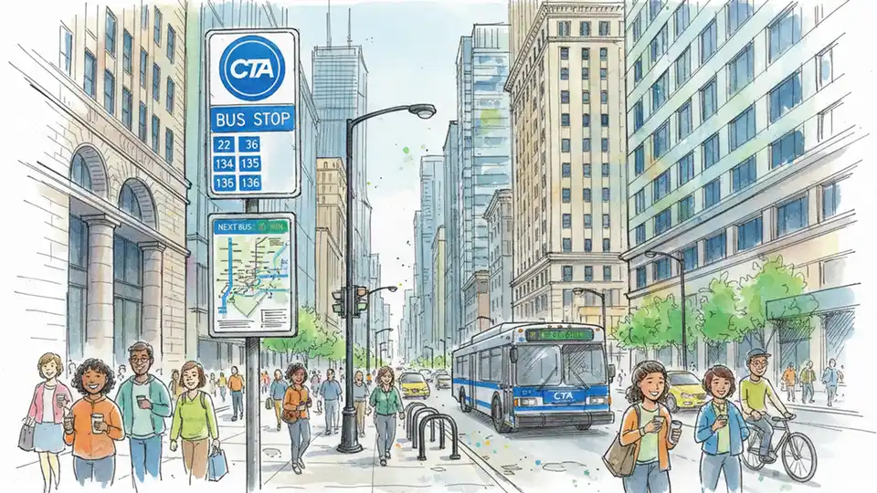 Chicago Transit Authority bus stop sign on Clark Street in downtown Chicago Loop district