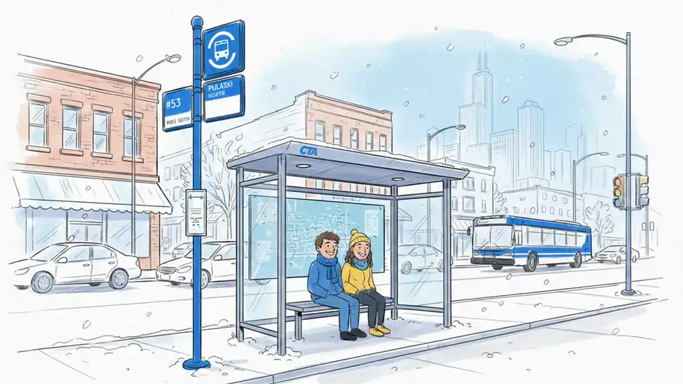 CTA bus stop sign and shelter on Pulaski Road in Chicago with route information posted