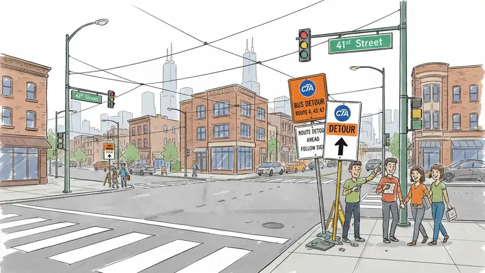 Chicago street intersection showing CTA bus route detour signage at 41st Street