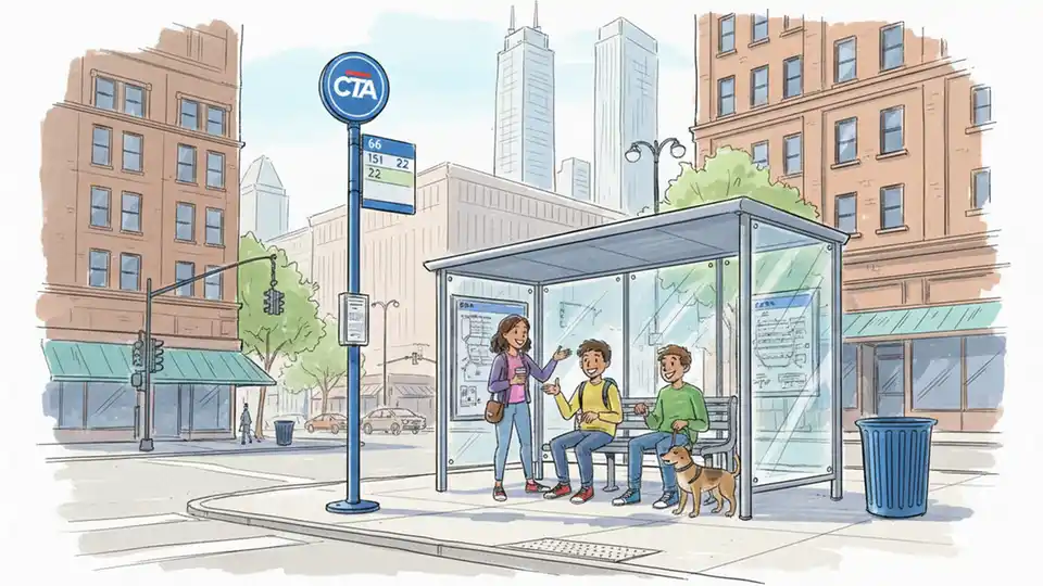 CTA bus stop sign and shelter at Chicago street corner, showing route number display and passenger waiting area, clear daytime lighting, focus on stop infrastructure
