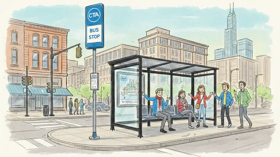 Chicago bus stop sign and shelter at busy urban intersection corner with pedestrians waiting