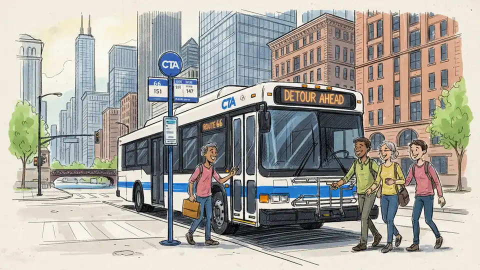 CTA bus at downtown Chicago stop with route information display showing detour notification