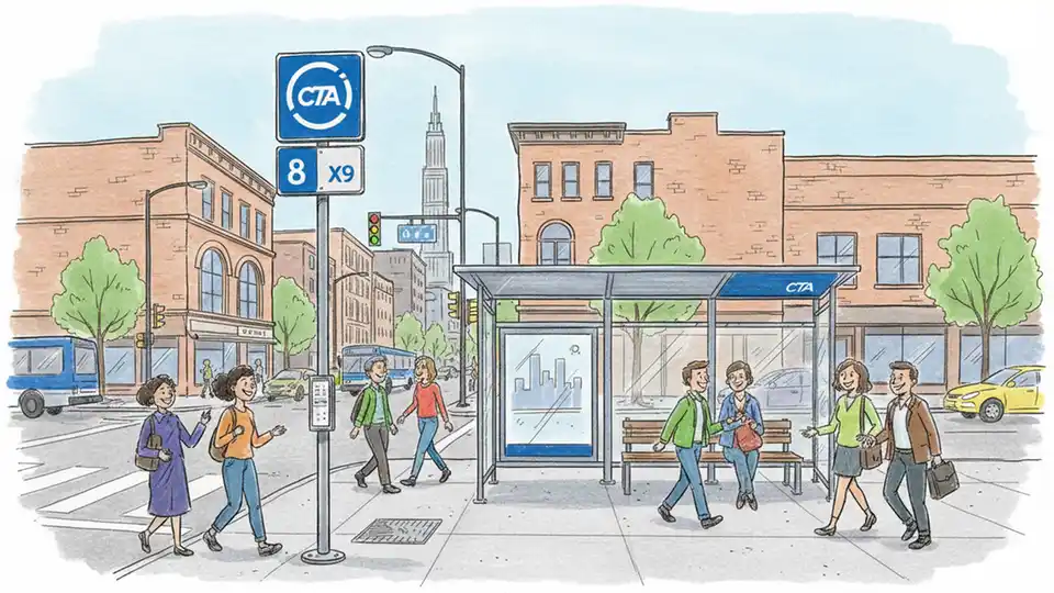 Chicago CTA bus stop sign and shelter at street corner with route number display, urban neighborhood setting with pedestrians and street infrastructure visible