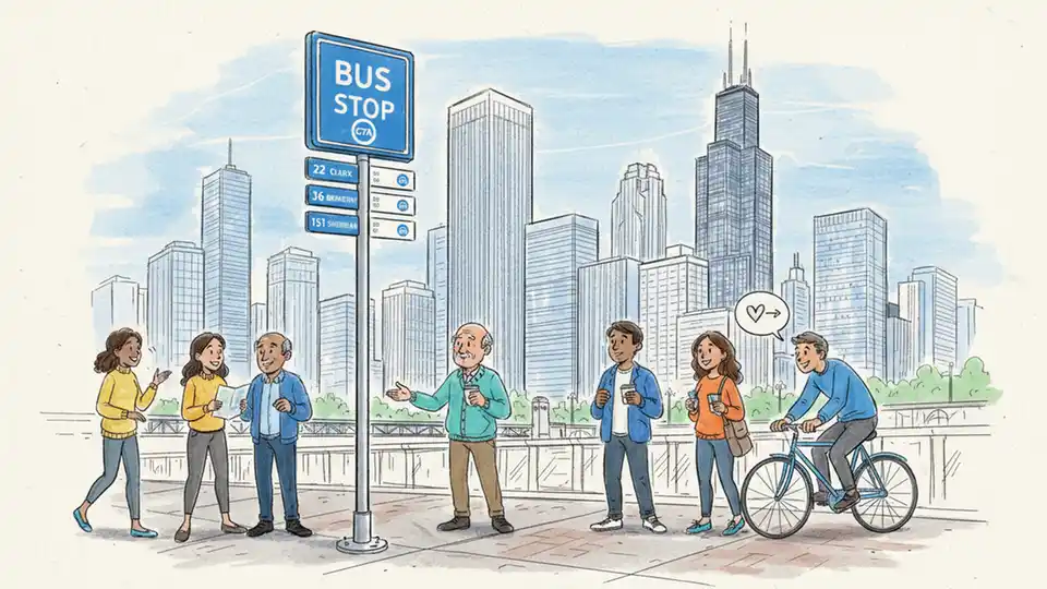 Chicago Transit Authority bus stop sign showing route information with downtown Chicago buildings in background