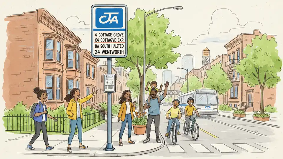 CTA bus stop sign on Chicago's South Side with route information